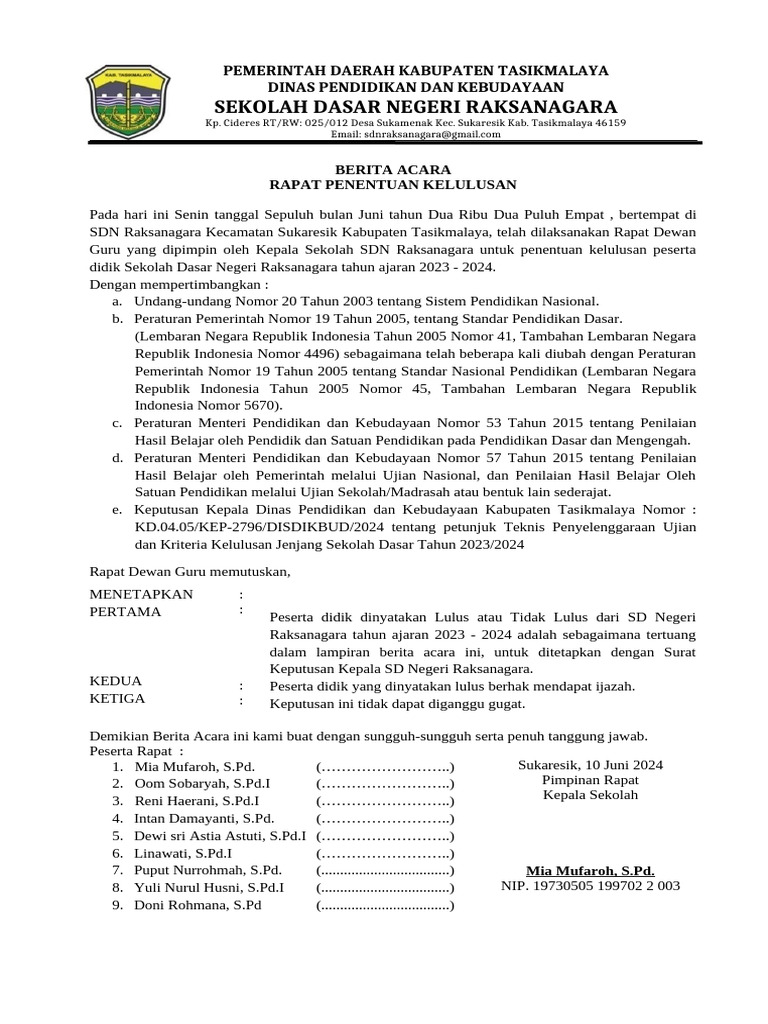 Rapat Penentuan Kelulusan SD Raksanagara | PDF
