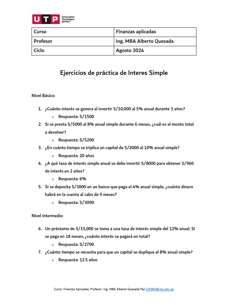 Ejercicios Interes Simple | PDF | Interés | Tasas de interés