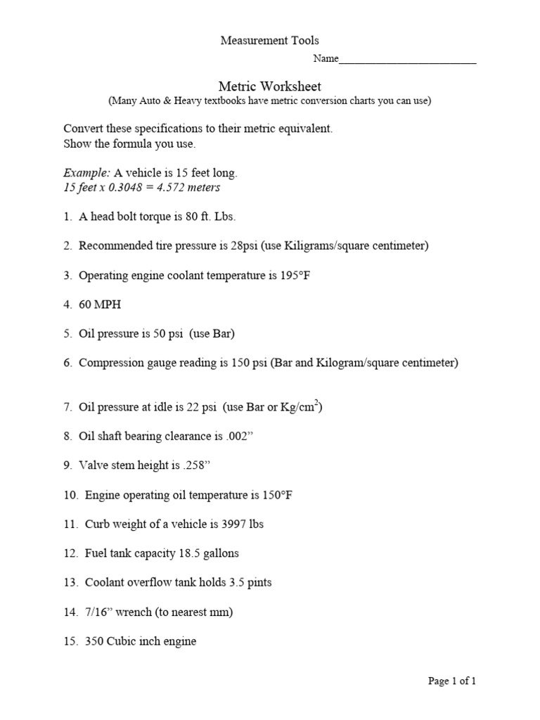 Metric Worksheet | PDF
