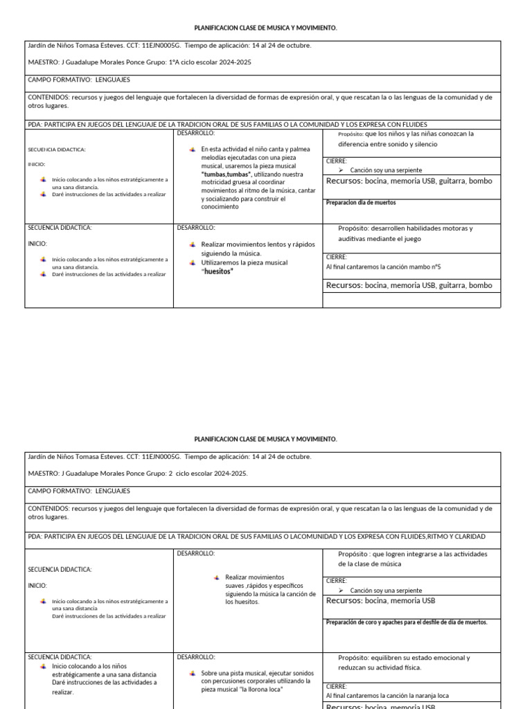 PLANIFICACION CLASE DE MUSICA Y MOVIMIENTO14-240ct2024-25 | PDF ...