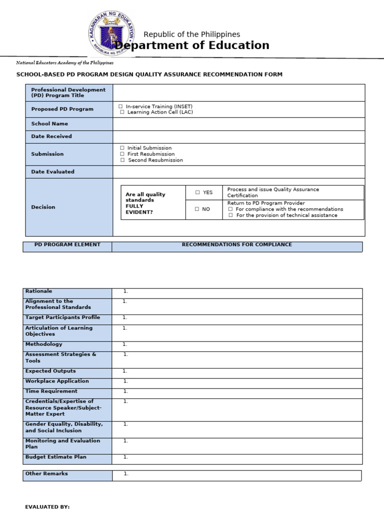 PD Program Quality Assurance Form | PDF