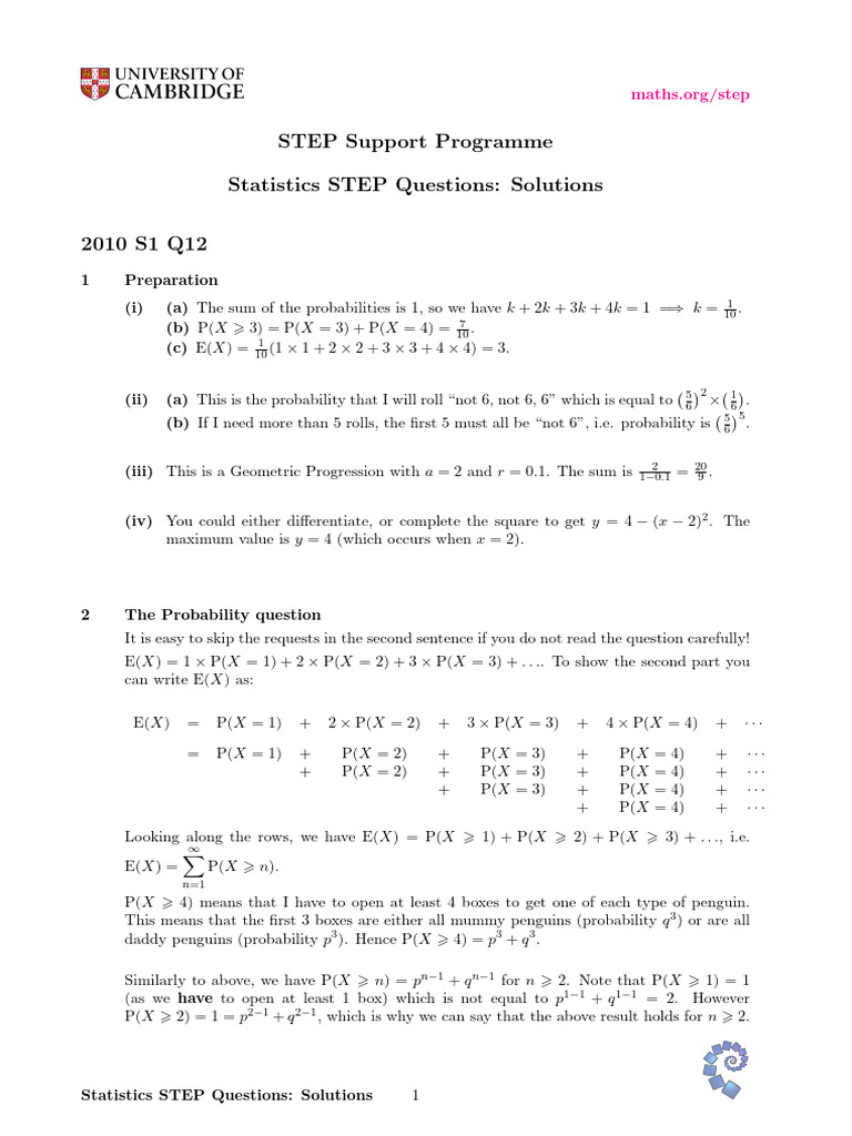 Statistics STEP1 Solns 2019 | PDF | Asymptote | Mathematics