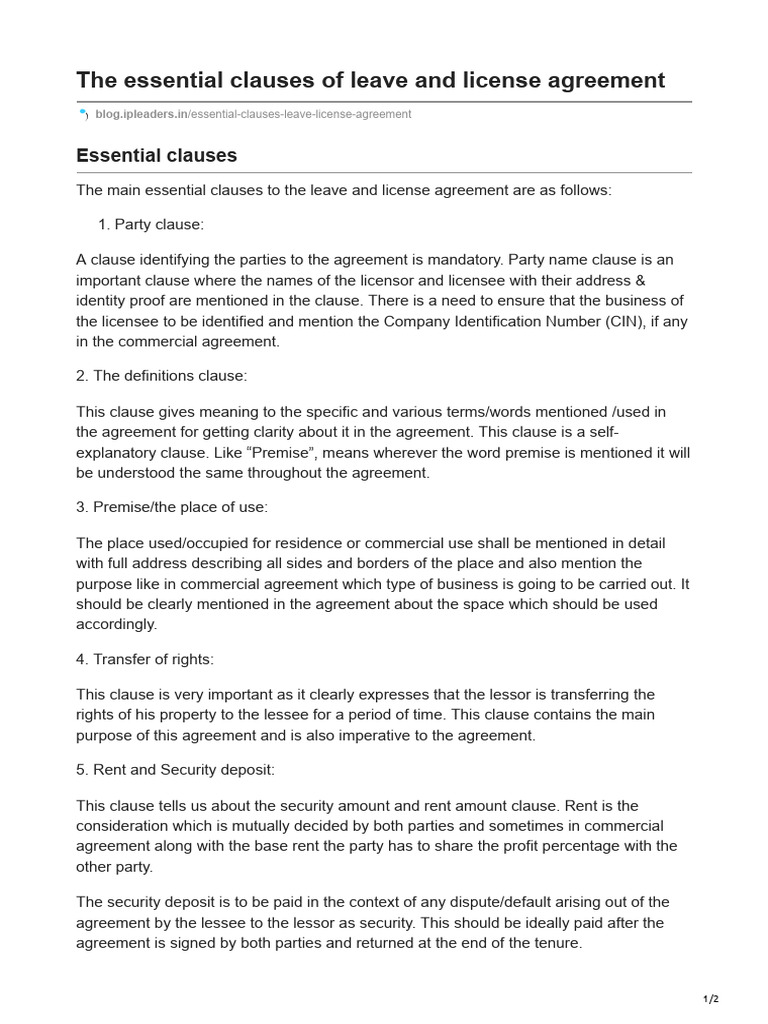 Key Clauses in Leave and License Agreements | PDF | Lease | License