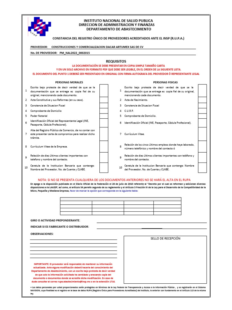 Ejemplo de RUPA para Proveedores | PDF