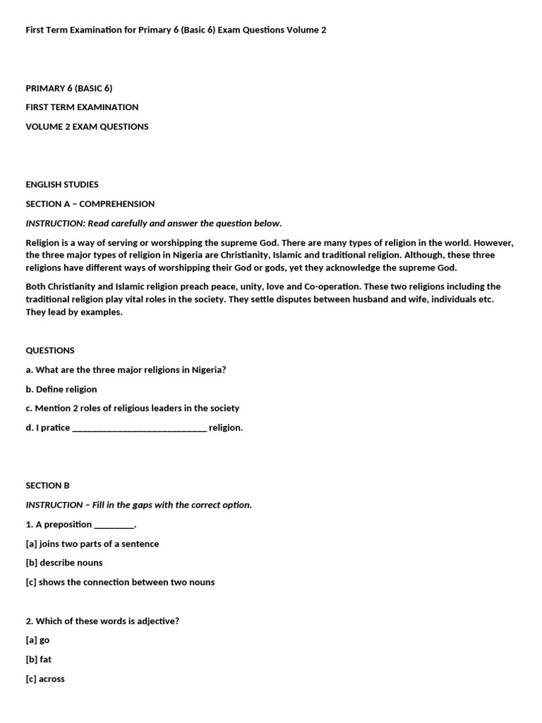 Examination Questions For Primary 6