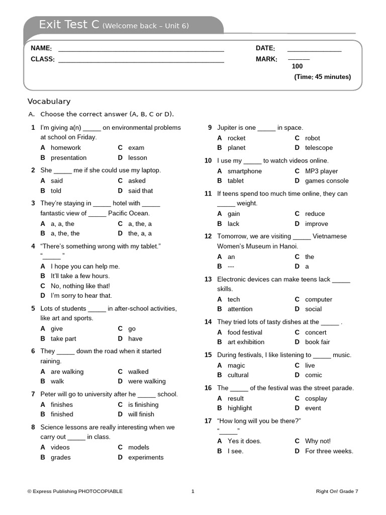 27 Right On gr8 Exit Test C | PDF