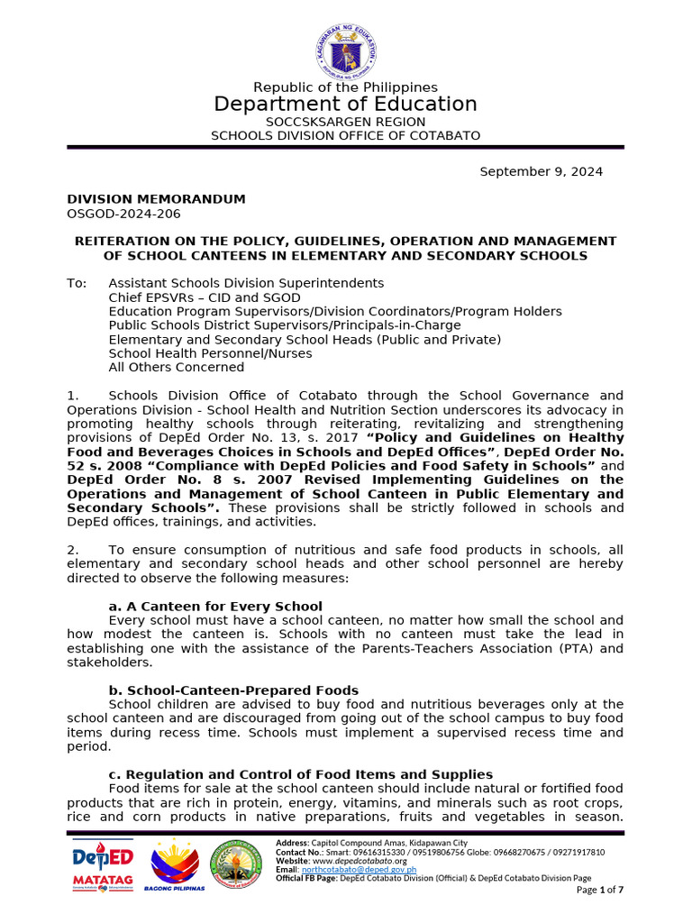 School Canteen Policy Guidelines | PDF | Food Safety | Foods