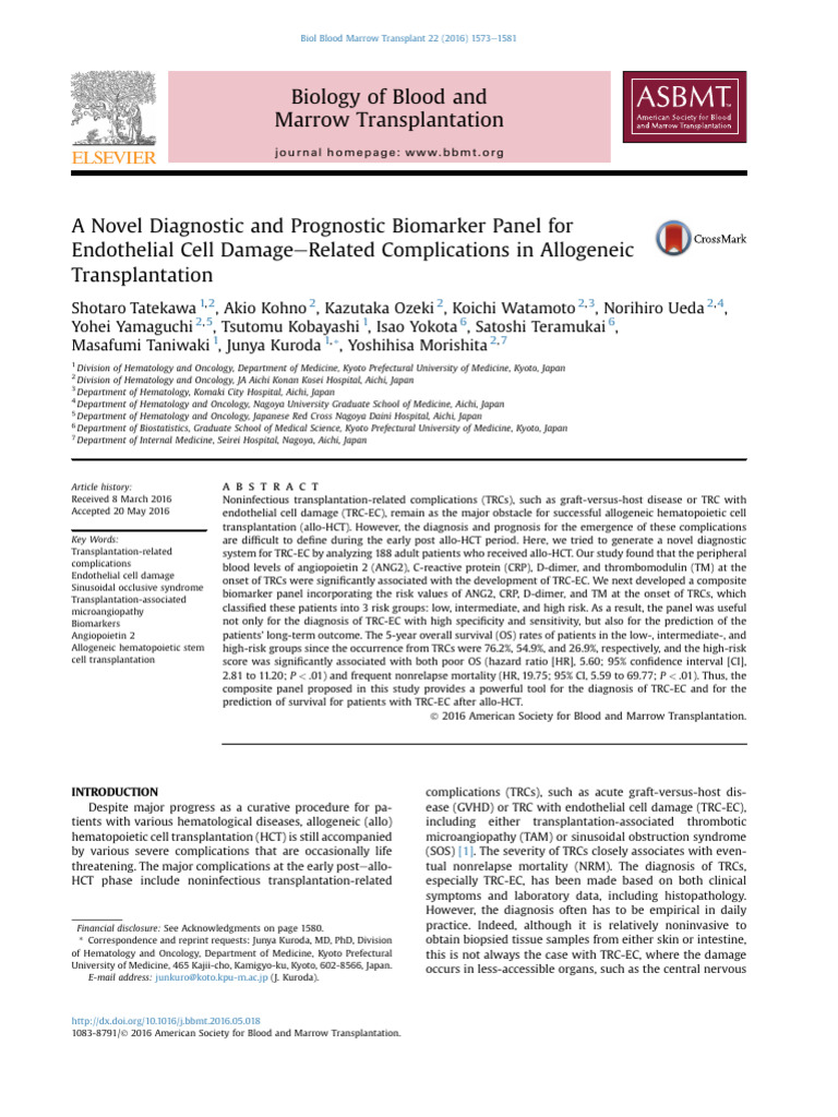 Biomarker Panel for Endothelial Damage in Transplantation | PDF ...