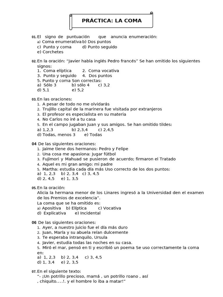 Ejercicios Prácticos de Uso de la Coma | PDF | Ortografía | Lingüística