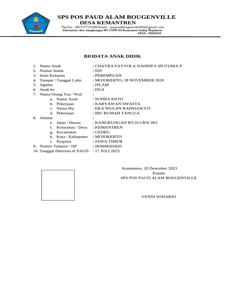 Laporan Perkembangan Anak PAUD Bougenville | PDF