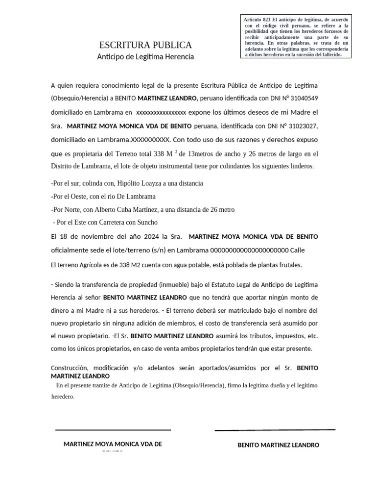 Anticipo de Legítima Herencia en Lambrama | PDF | Herencia | Ley de ...