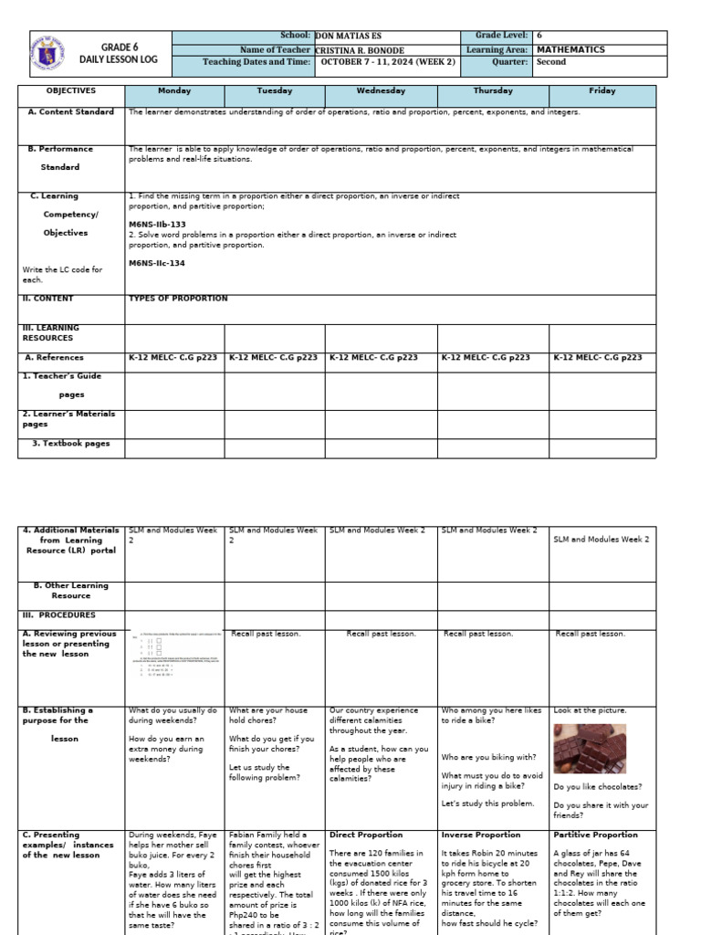 Grade 6 Math Lesson Plan: Proportions | PDF | Ratio | Learning