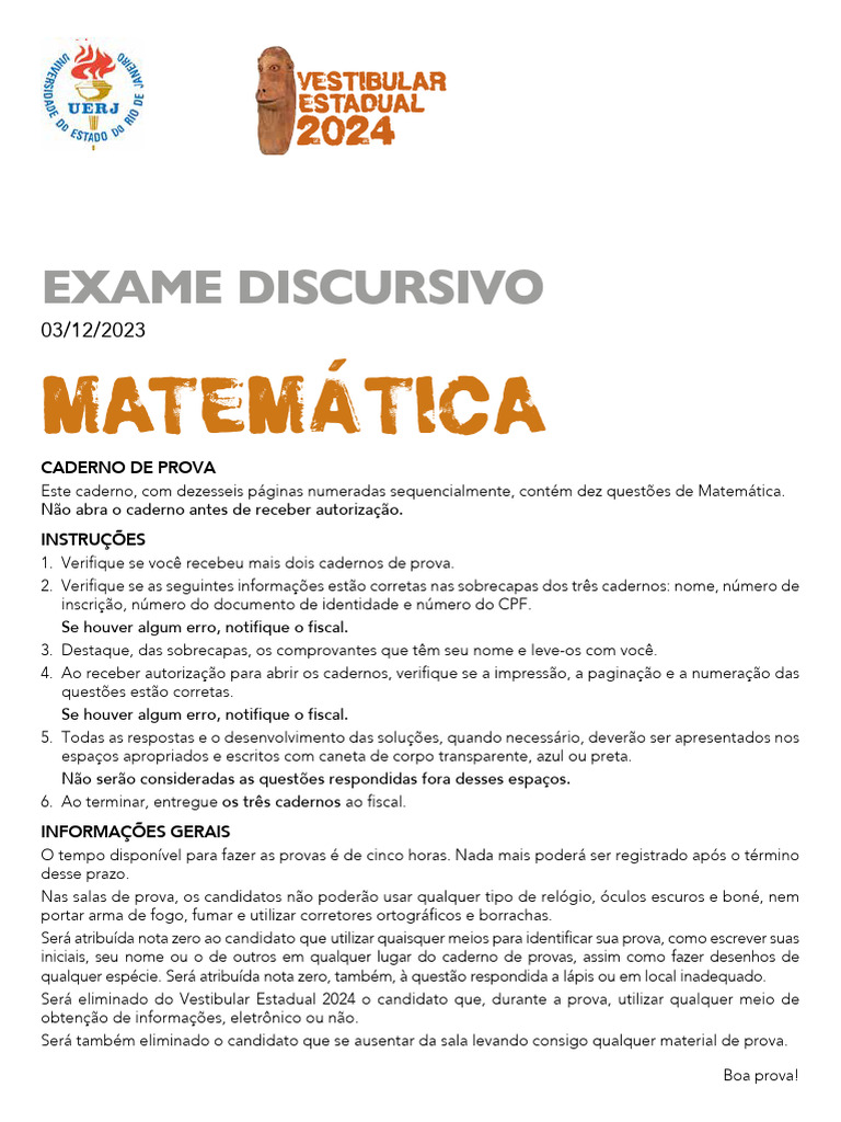 Prova Discursiva de Matemática UERJ 2024 | PDF | Círculo | Equações