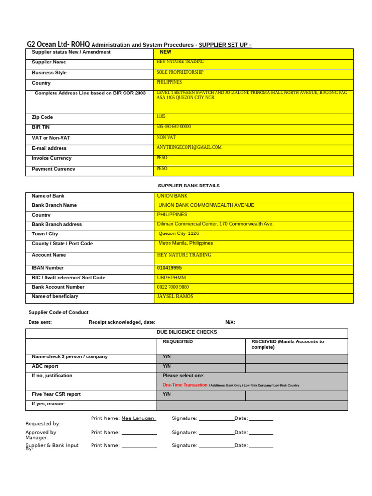 Supplier Setup Procedures for HEY NATURE | PDF | Financial Services | Money