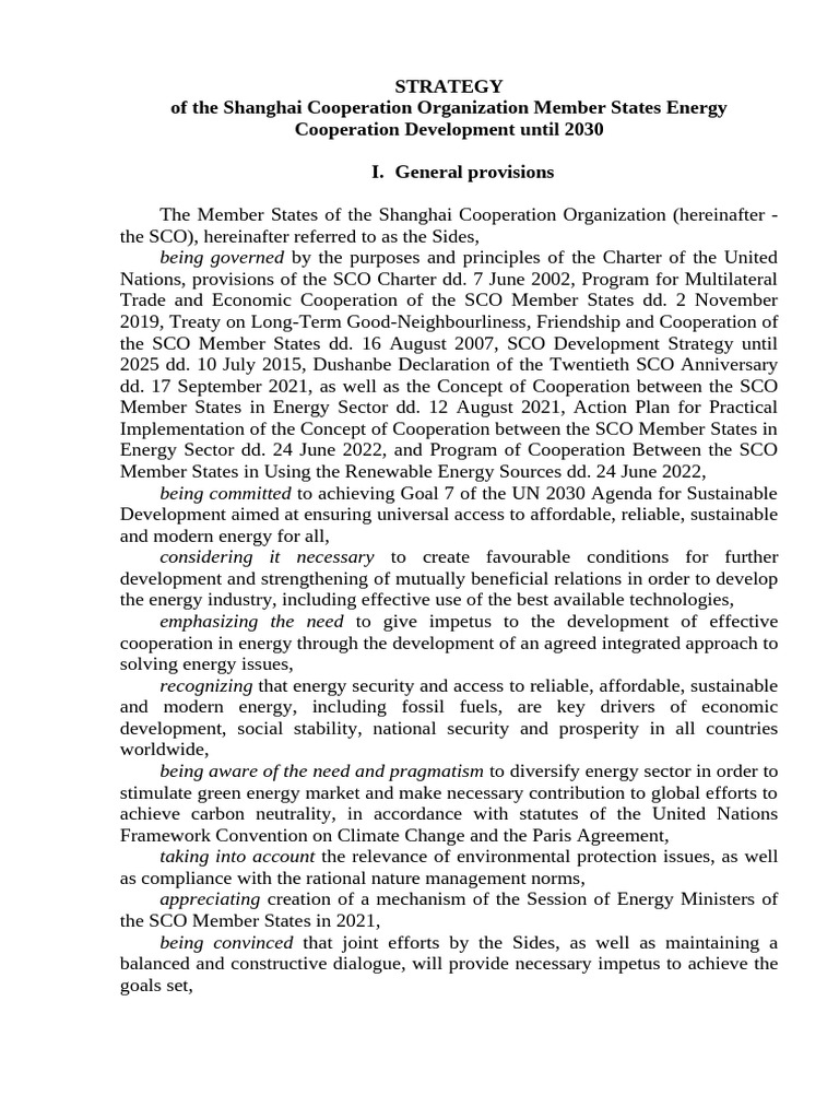 SCO Energy Cooperation Strategy 2030 | PDF | Energy Conservation ...