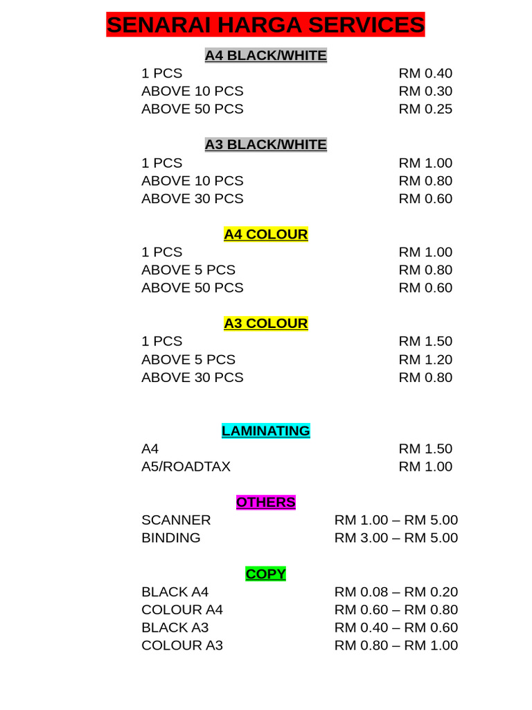 Senarai Harga Perkhidmatan Pdf