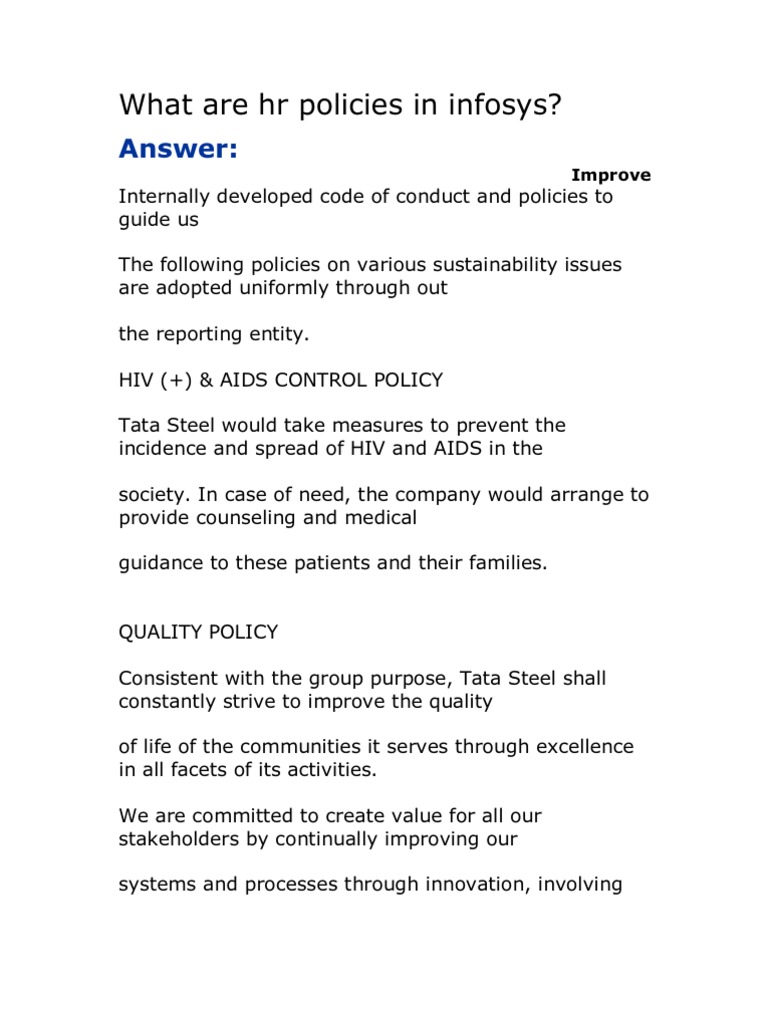 What Are HR Policies in Infosys PDF Occupational Safety And Health Sap Se