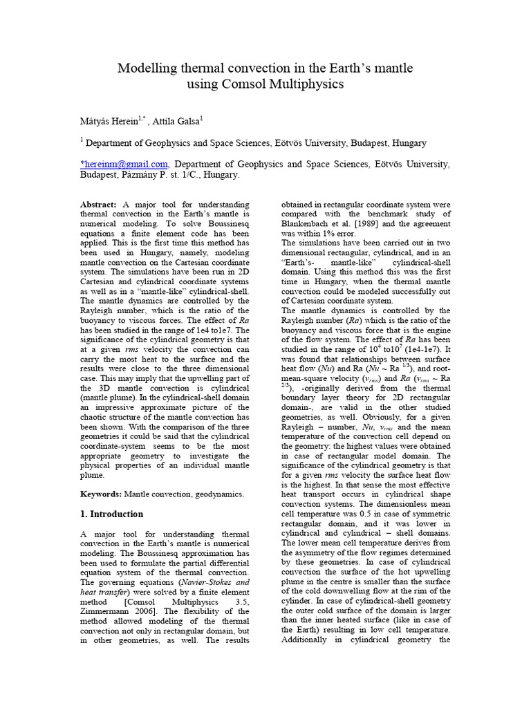 Mantle Convection Modeling with Comsol | PDF | Convection | Heat Transfer