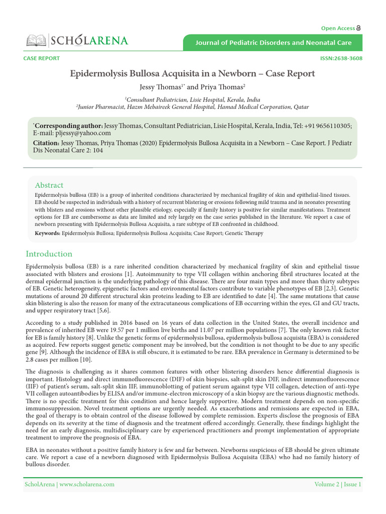 Epidermolysis Bullosa Acquisita in A Newborn Case Report 1 | PDF ...