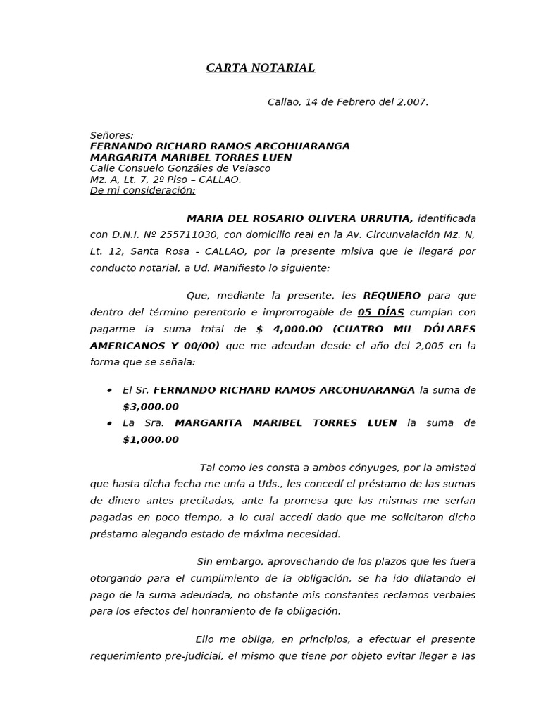 Carta - REQUERIMIENTO DE PAGO POR PRESTAMO | PDF