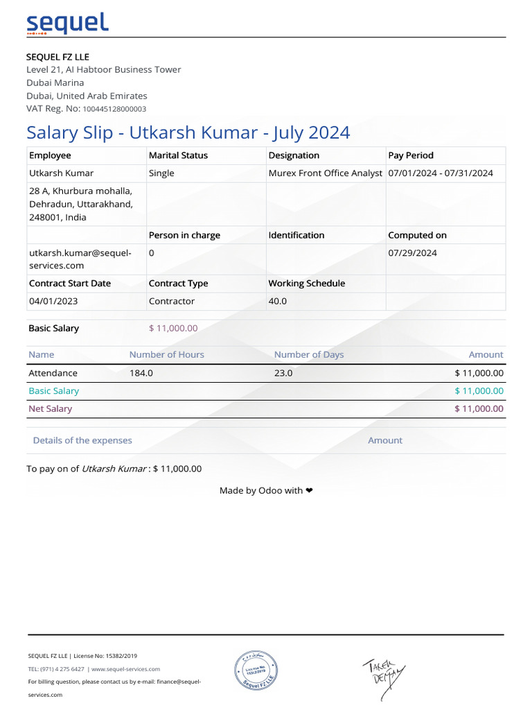 Salary Slip for Utkarsh Kumar - July 2024 | PDF