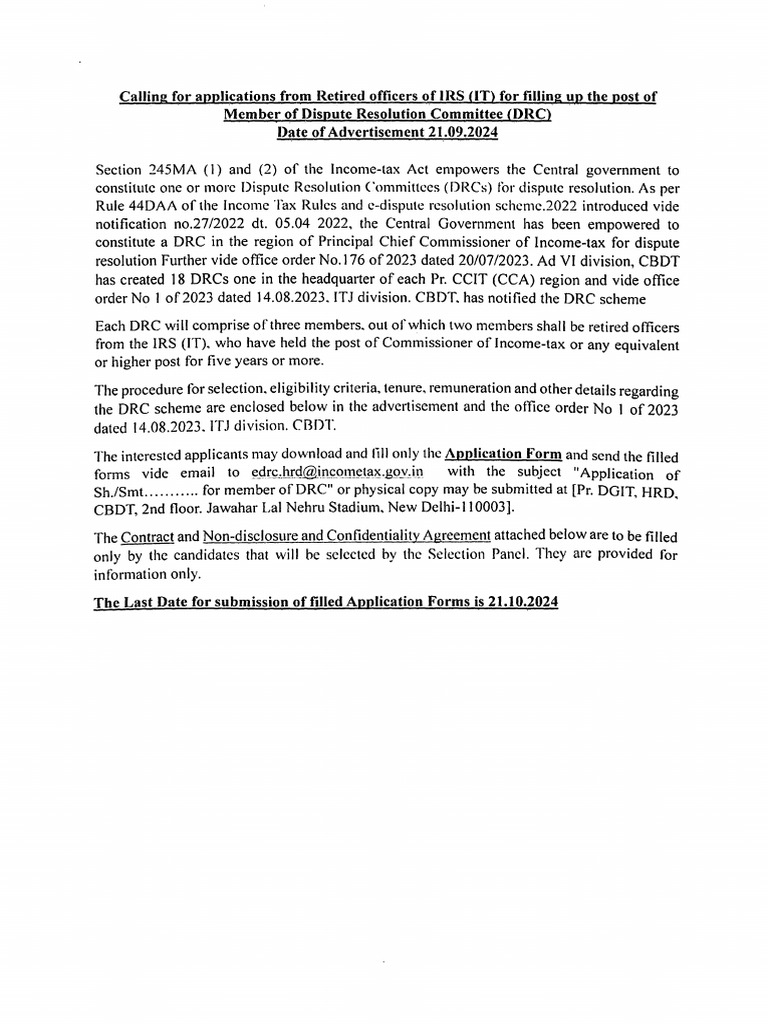 Application Form For Appointment of Retired Irs Officers To The Post of ...