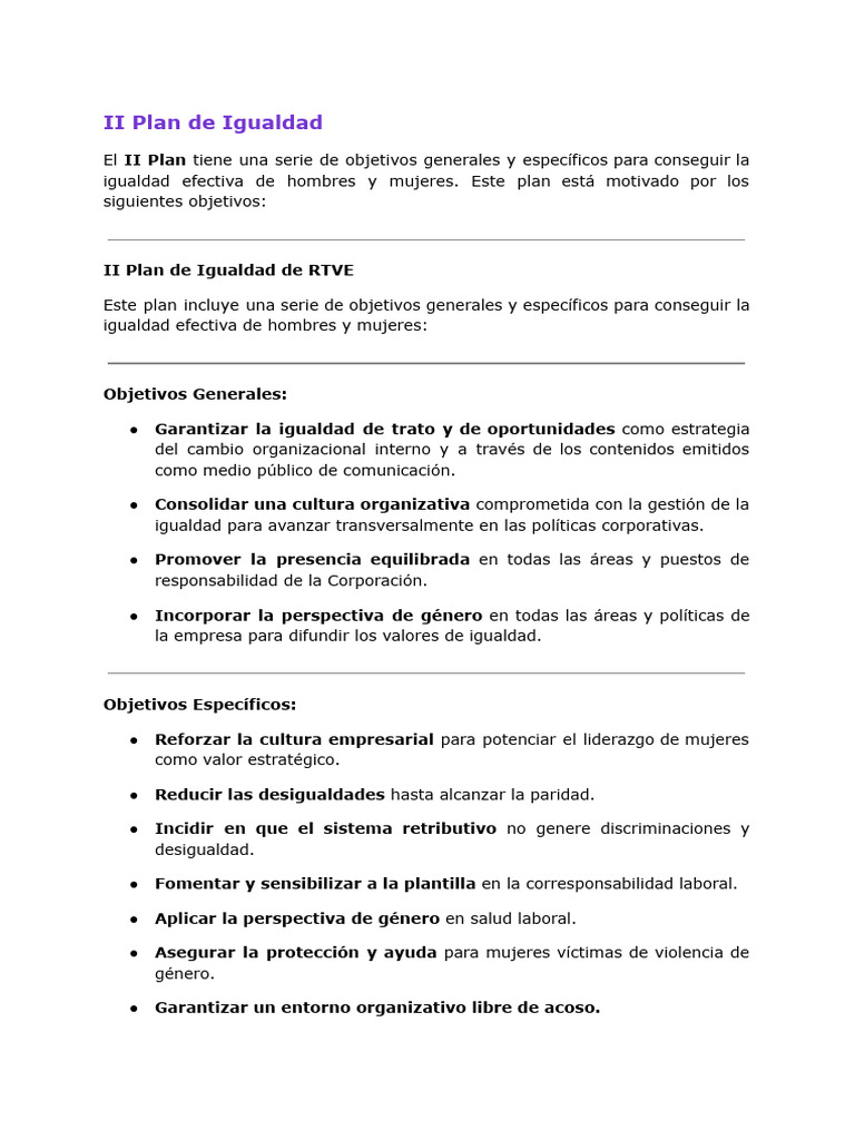II Plan de Igualdad RTVE: Objetivos y Medidas | PDF | Acoso sexual ...