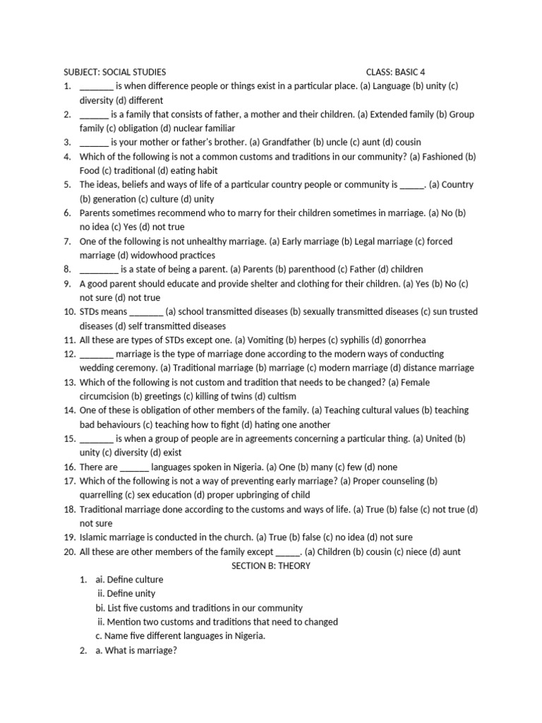 Social Studies Objectives for Basic 4 | PDF | Marriage | Family