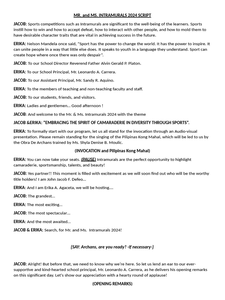 Mr. and Ms. Intramurals 2024 Script | PDF