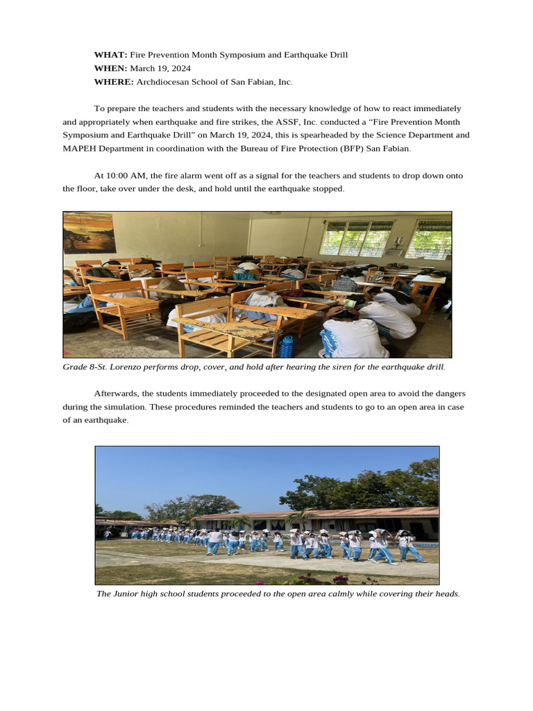 Fire Safety and Earthquake Drill Event | PDF | Emergency Management ...