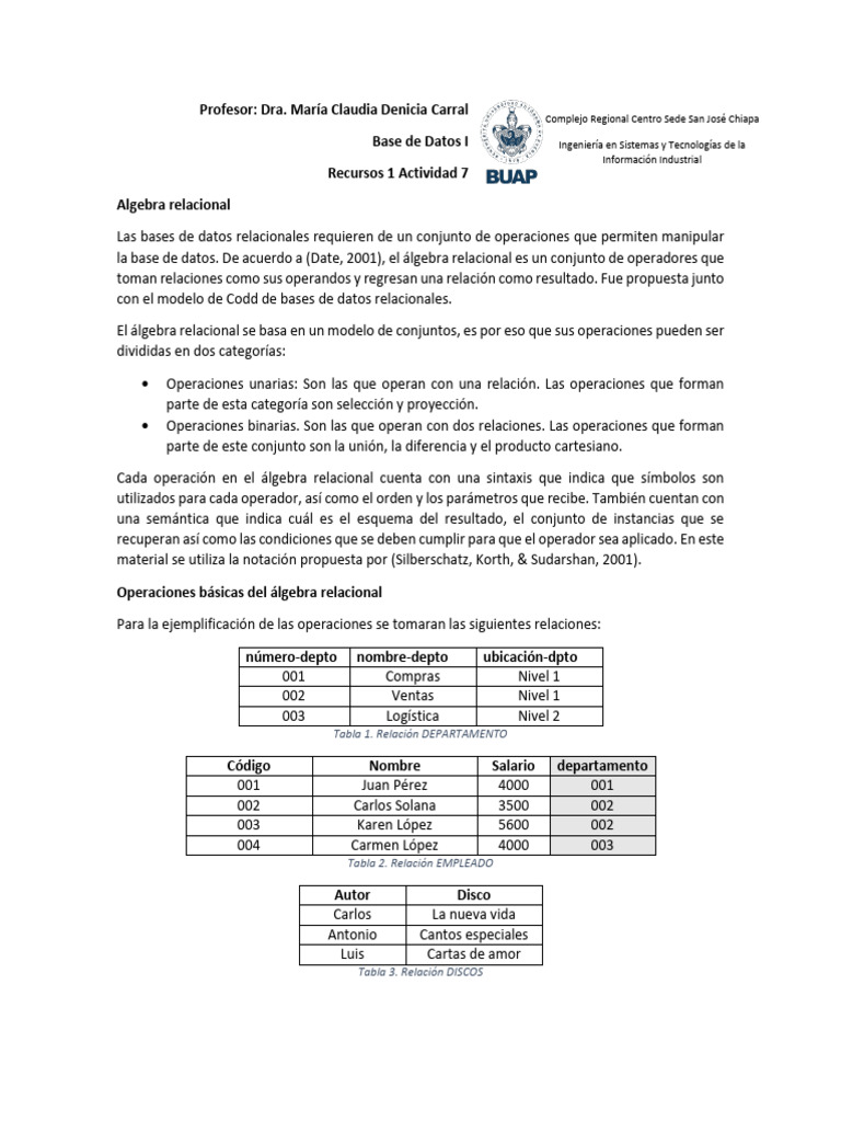 Álgebra Relacional: Operaciones Básicas | PDF | SQL | Bases de datos