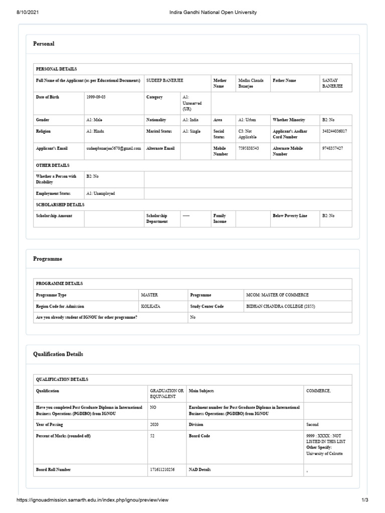 IGNOU MCom Admission Application Form | PDF