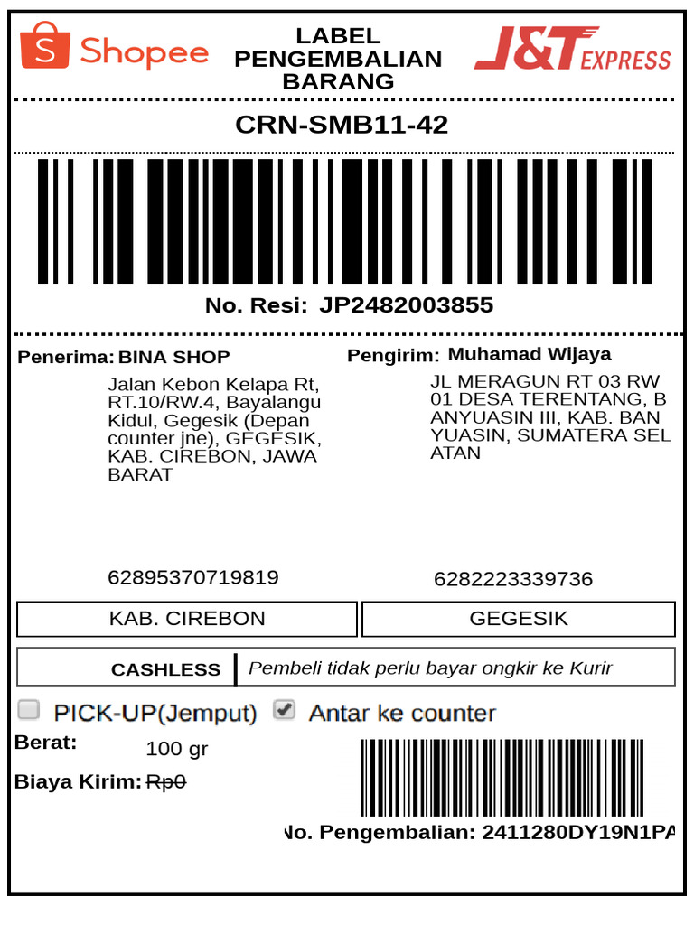 Pengembalian Barang JNT Bayalangu | PDF