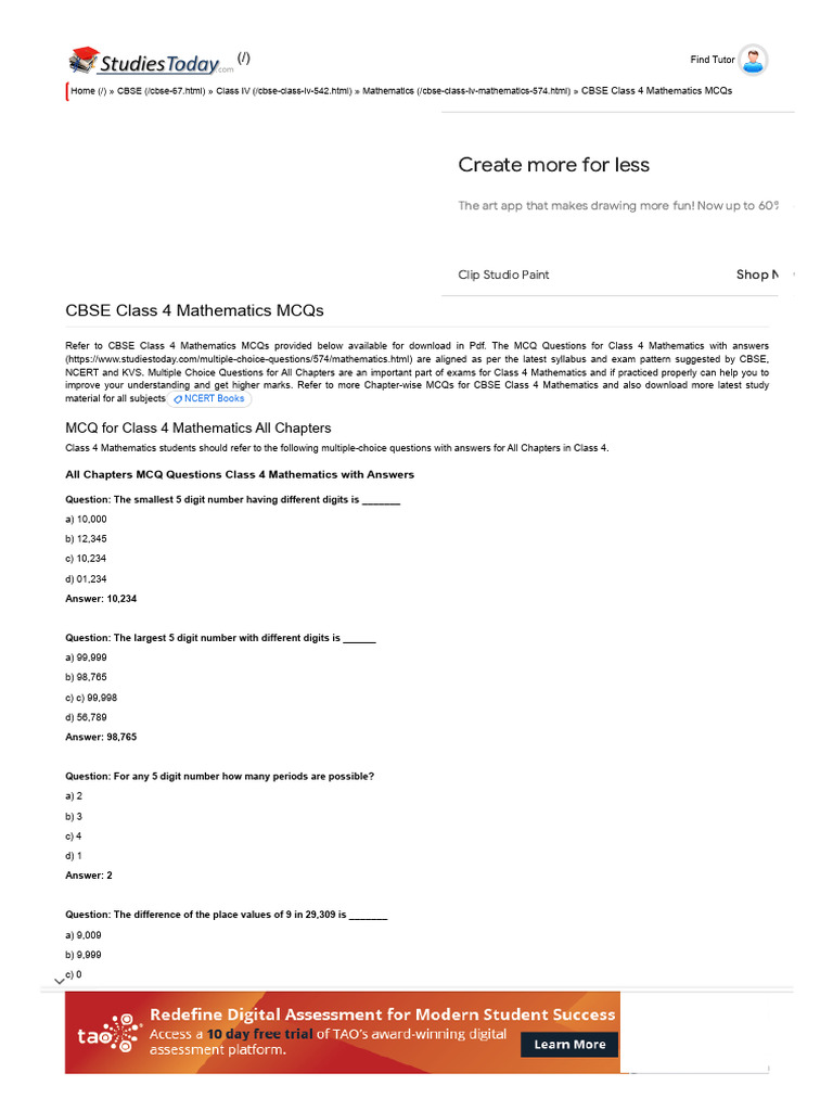 CBSE Class 4 Mathematics MCQS, Multiple Choice Questions | PDF ...