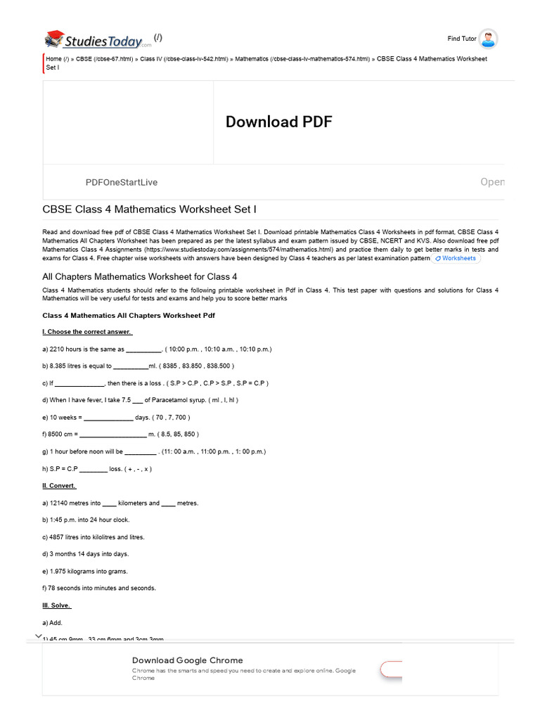 Class 4 Mathematics Worksheet Set I | PDF | Multiple Choice | Worksheet
