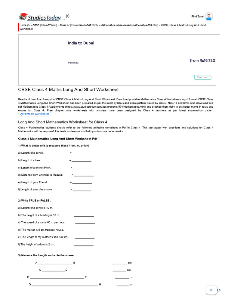 CBSE Class 4 Maths Long and Short Worksheet | PDF | Multiple Choice
