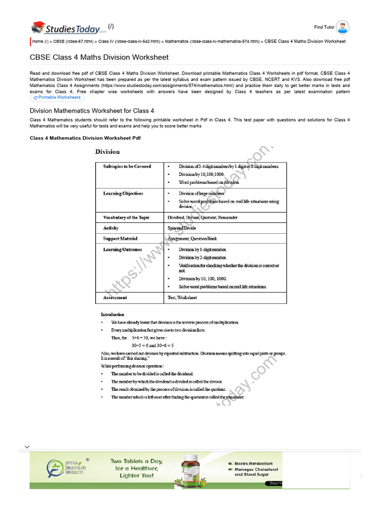 CBSE Class 4 Division Worksheet PDF | PDF | Multiple Choice | Worksheet