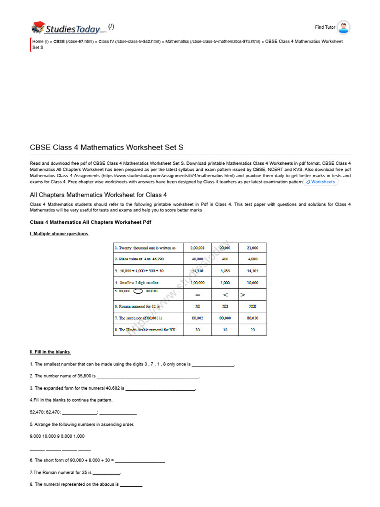 CBSE Class 4 Mathematics Worksheet Set S | PDF | Multiple Choice ...