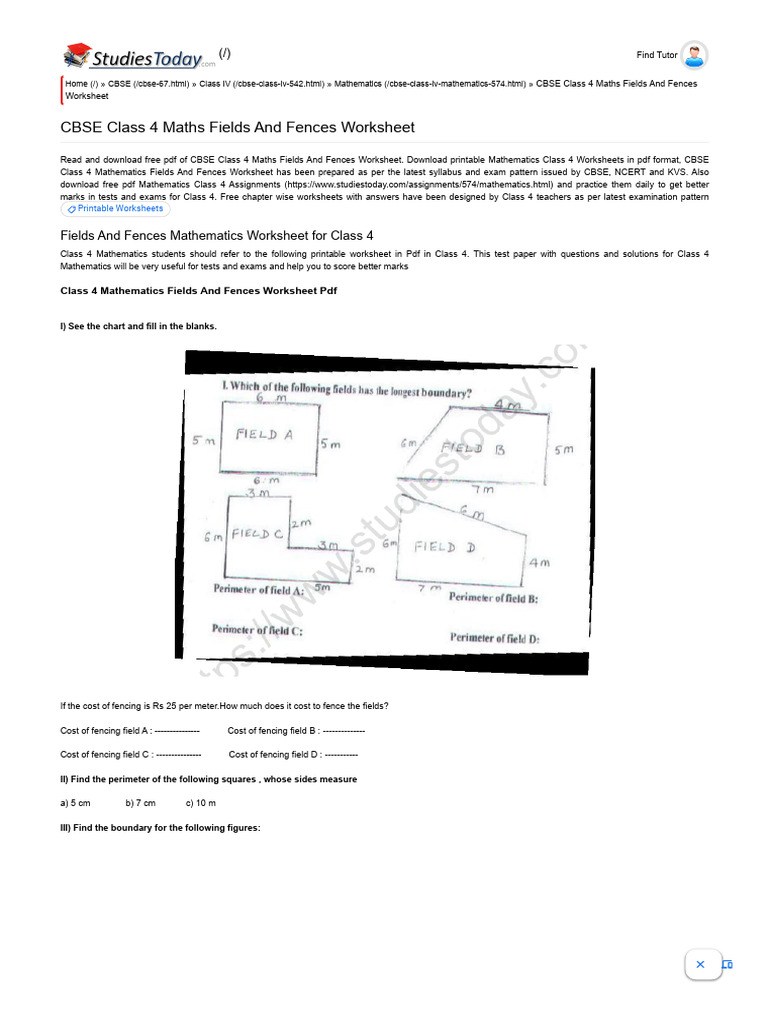 CBSE Class 4 Maths Fields and Fences Worksheet PDF Multiple Choice