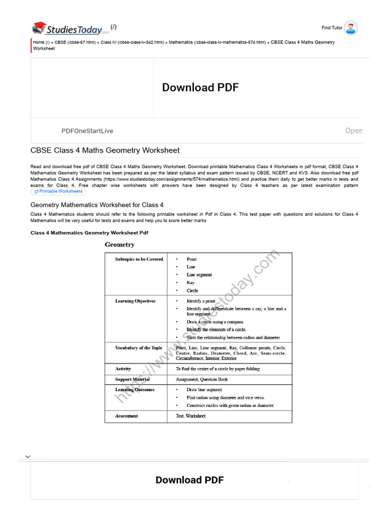 CBSE Class 4 Geometry Worksheet PDF | PDF | Multiple Choice | Worksheet