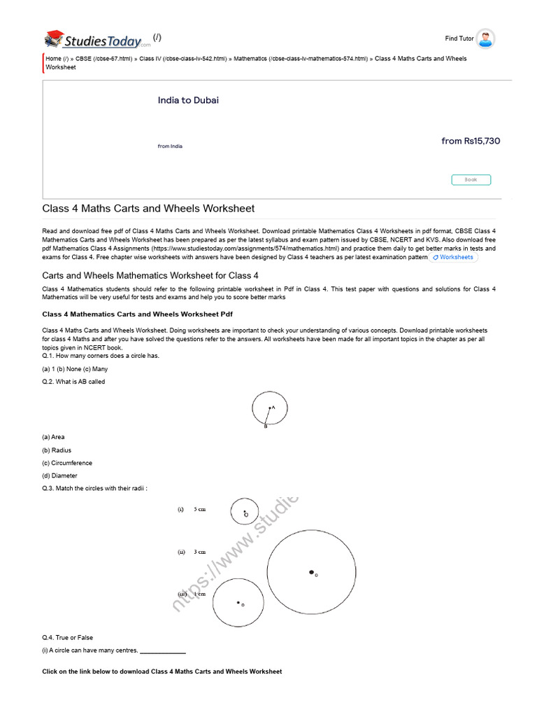 Class 4 Maths Carts and Wheels Worksheet PDF Multiple Choice
