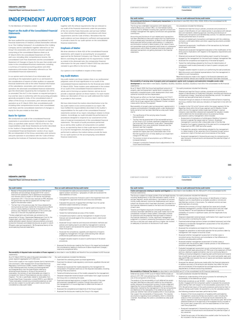 Vedanta Limited Annual Financial Report 2023-24 | PDF | Audit ...