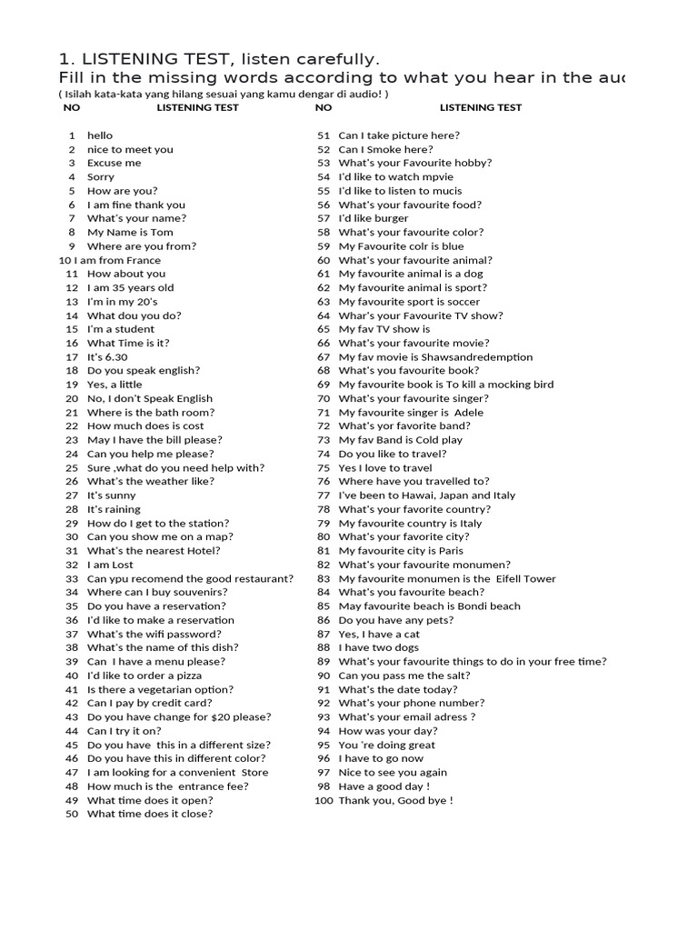 Listening Test for English Learners | PDF