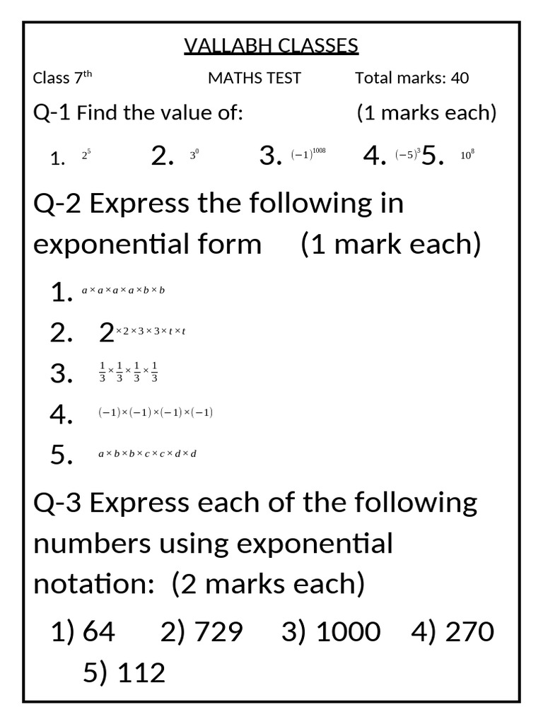 Class 7 Maths Test: Exponents | PDF