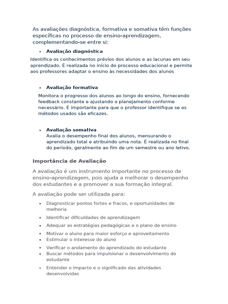 Tipos e Importância da Avaliação Educacional | PDF | Aprendizado | Lição