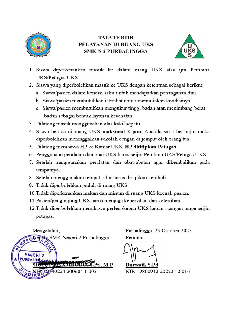 Tata Tertib Ruang UKS SMK N 2 | PDF