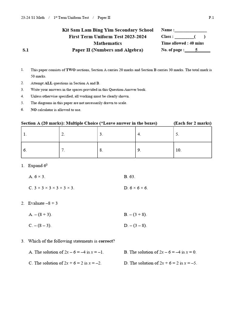 S1 Math First Term Test Paper II | PDF | Mathematics | Summation