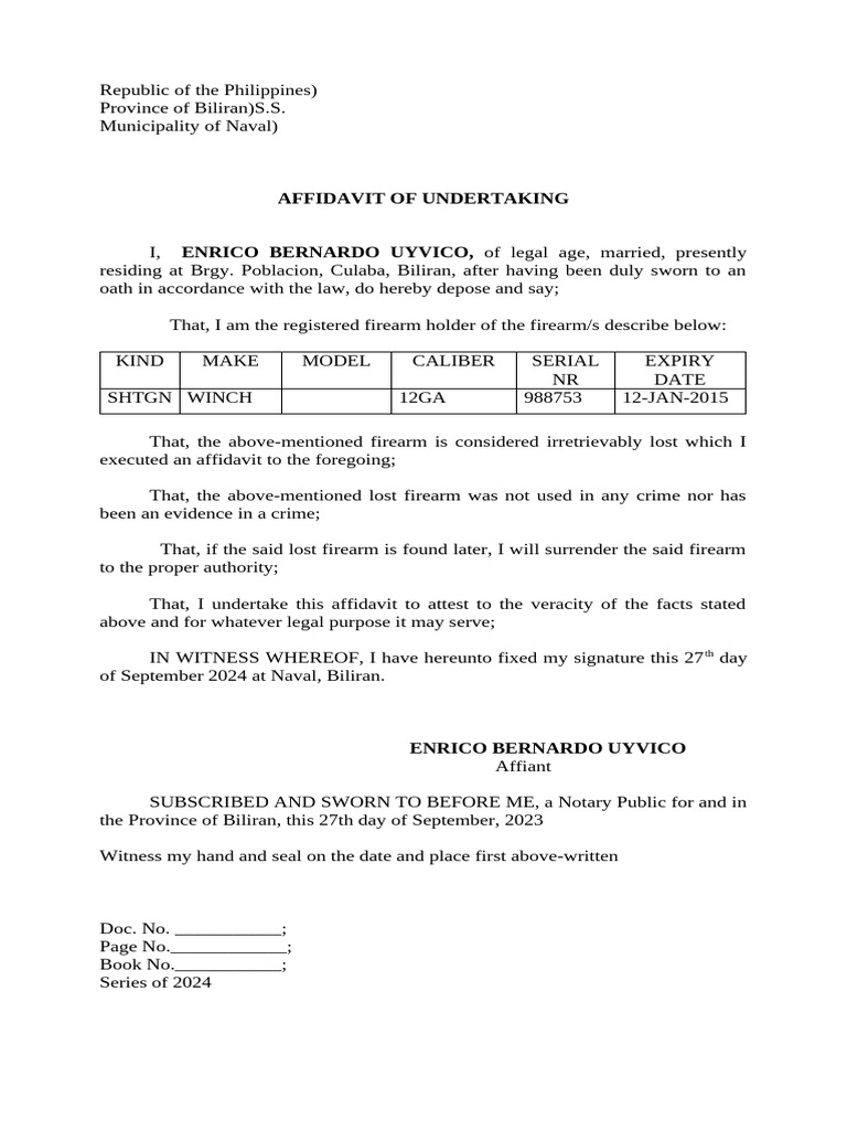 Affidavit of Lost Firearm in Biliran | PDF