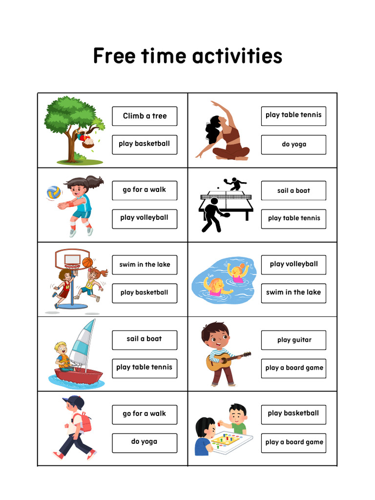 Free Time Activities Vocabulary Worksheet in Colorful Illustrative ...