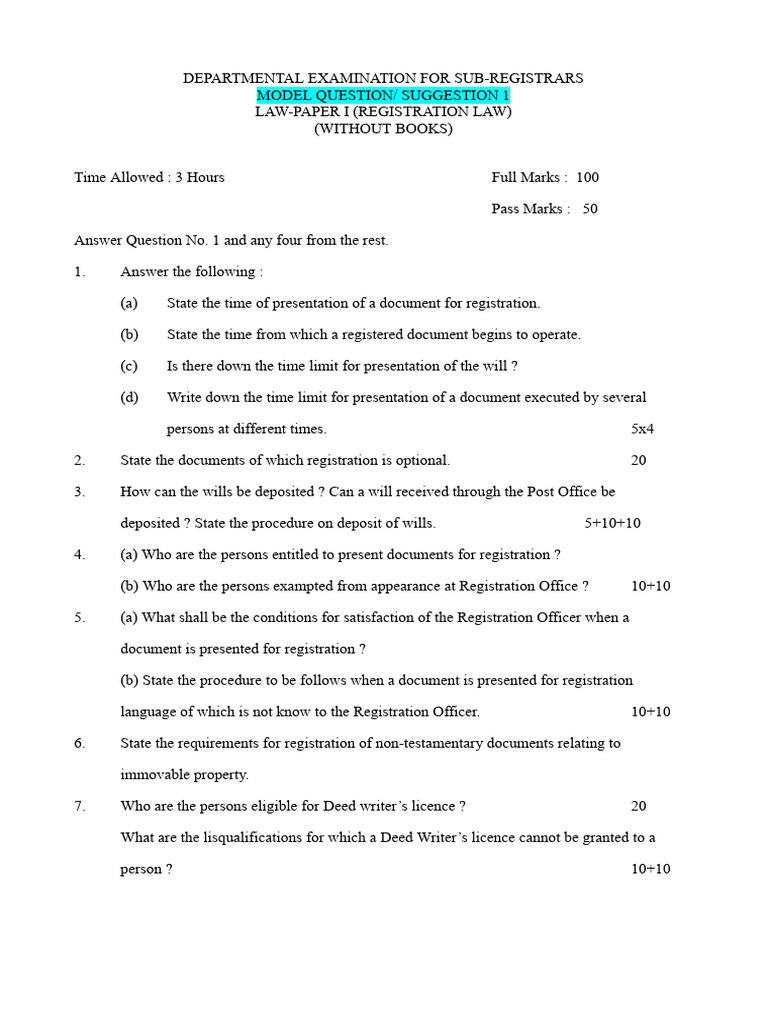 Sub-Registrar Departmental Exam Model Questions | PDF | Audit | Taxes